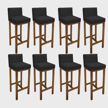 Imagem de Kit 08 Banqueta Alta Com Encosto Loren Cozinha Balcão Bistrô Base Madeira Rústico Tecido Sintético Preto - Ahz Móveis
