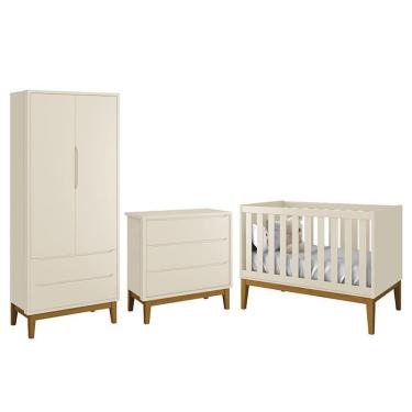 Imagem de Dormitório Infantil Classic 2 Portas, Cômoda 3 Gavetas e Berço com Pés Amadeirado - Reller Móveis Areia Fosco