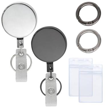 Imagem de Rierdge Pacote com 2 carretéis de crachá retráteis, porta-chaves de metal retrátil cinza e prata com mosquetão, chaveiro, clipe de cinto e porta-cartões de identificação verticais para médicos