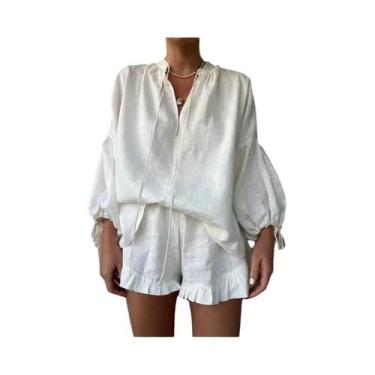 Imagem de Conjunto De Shorts Femininos De Linho Branco Com Babados E Bainha Com 