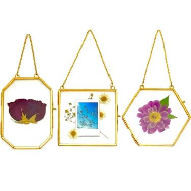 Imagem de Beedecor Moldura de vidro duplo para flores prensadas, foto e arte Polaroid - Molduras de flores prensadas para pendurar - Moldura dourada para folha e planta floral seca - Decoração de parede
