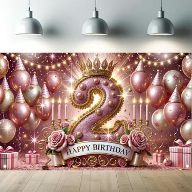 Imagem de Starlit Patio Pano de fundo de princesa 2º aniversário 188 x 109 cm faixa rosa e dourada festa balão elegante e cabine de fotos rosa decorações de fundo para meninas pequenas celebração de dois anos