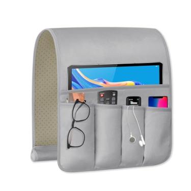 Imagem de WETRBWEH Suporte de controle remoto para poltrona, organizador de sofá para TV, suporte remoto para armazenamento de cama, 5 bolsos, organizador de cabeceira (cinza-claro, 89 x 31,5 cm)