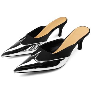 Imagem de VOZTOLLS Sapatos femininos de salto gatinho bico fino fechado salto mules slip on frente única vestido de casamento sapatos escarpim, Preto, 38