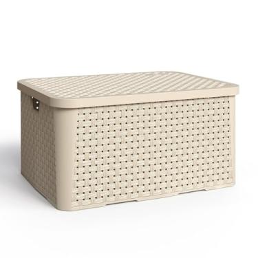 Imagem de Caixa Organizadora Grande 18 Litros Rattan Cor Creme Com Tampa Cesto Maquiagem Cozinha Quarto