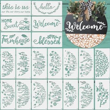 Imagem de Thyle 20 peças de estêncil de boas-vindas para pintura em madeira 20 x 15 cm letras grandes estênceis de boas-vindas estêncil meio redondo para placa de madeira palavra estêncil de fazenda para tela