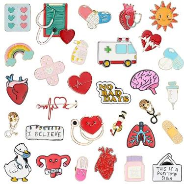 Imagem de Riceshoot 30 peças de alfinetes de enfermeira estetoscópio broche de estetoscópio alfinetes de lapela esmaltado médico alfinetes inspiradores de crachá de desenho animado para presentes de dia das enfermeiras mochilas femininas bolsa chapéu jaqueta acessórios, Zinco, Sem pedras preciosas