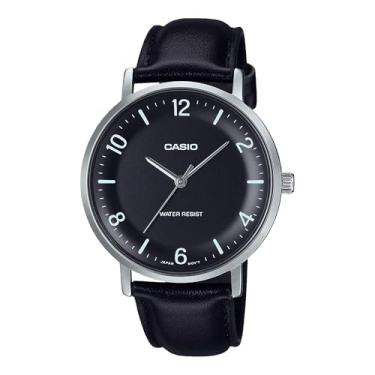 Imagem de Casio MTP-VT03L-1B Relógio analógico masculino minimalista de couro preto preto com mostrador em forma de côncavo com 3 ponteiros, Preto