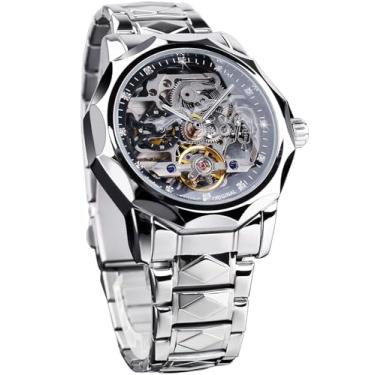 Imagem de FORSINING Relógio mecânico automático esqueleto masculino com bisel de 12 lados e engrenagens expostas e design turbilhão, pulseira exclusiva de aço inoxidável com elos de losango, relógio de pulso