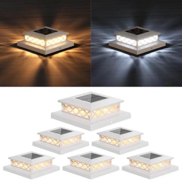 Imagem de TopVelo Poste de luz solar 6 pacotes, poste de luz solar com 2 modos de luz, 16 LEDs brilhantes decoram deck, pátio, varanda, cerca, serve para postes de vinil/madeira 10 x 12 x 15 e 6 x 15 cm (branco