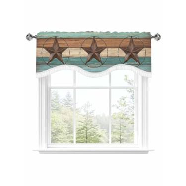 Imagem de Cortina de madeira Farmhouse Star para janelas com bolso de varão 45,7 cm de comprimento para cozinha, sanefa retrô estilo country para quarto, sala de estar, 137 cm L x 45,7 cm C com borla, 1 painel