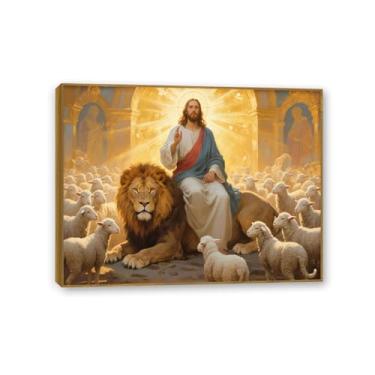 Imagem de SDYJ6GSW Leão de Judá, arte de parede, impressão em tela, Jesus sentado em um leão, pôster para salas de oração em casa, sala de estar, arte inspirada no símbolo de Jesus Cristo, 50 x 40 cm (20 x 16