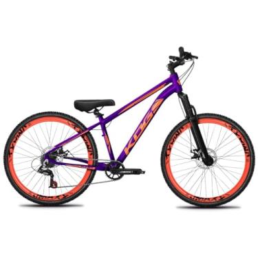 Imagem de Bicicleta Aro 26 KOG Freeride 1x7 – Estilo Grau, Suspensão 29”, Freios a Disco, Aros Vmaxx Neon – Bike Urbana de Alta Performance, Roxo, Adesivo Laranja,Vmaxx Laranja