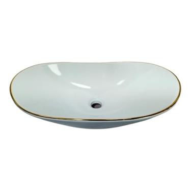 Imagem de Cuba Banheiro Sobrepor Ceramica Apoio Branca Detalhe Dourado