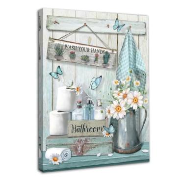 Imagem de Dazzlewall Decoração de parede de banheiro de fazenda emoldurada, imagens de flores e borboletas azul-petróleo rústico lavar suas mãos para banheiro 30 x 40 cm