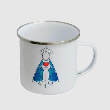 Imagem de Caneca de Inox Esmaltada Branca Premium - NOSSA SENHORA DESENHO AZUL