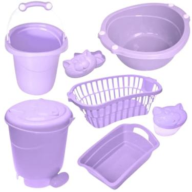 Imagem de Kit Enxoval Bebê 7 Peças Plastibaby Bacia Lixeira Cesto telado Saboneteira e Porta Algodão (Lilás)