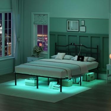 Imagem de YORMDMO Estrutura de cama completa com luzes LED, estrutura de cama de metal de 35,5 cm com cabeceira, tomadas e USB, plataforma básica de aço resistente, sem ruído, sem necessidade de mola box
