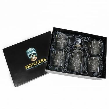 Imagem de Skullers Conjunto de decantadores de uísque Skull – Garrafa de vidro sem chumbo de 1,048 g + 4 copos de dose – Presente de bar gótico para homens – Conjunto exclusivo de bebidas de tequila, rum ou