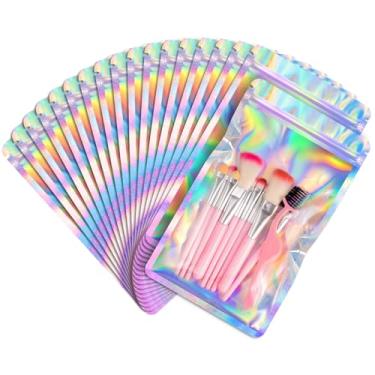 Imagem de FUNFERY Pacote com 100 sacos holográficos de janela transparente de canto redondo, sacos resseláveis, bolsa com zíper Mylar, bolsa de embalagem para doces, joias, sabonete, pincéis, suprimentos para