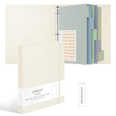 Imagem de Ospelelf Pasta de couro vintage com 3 anéis de 2,5 cm, organizador profissional adequado para documentos de tamanho carta, divisórias de fichário com abas, bege
