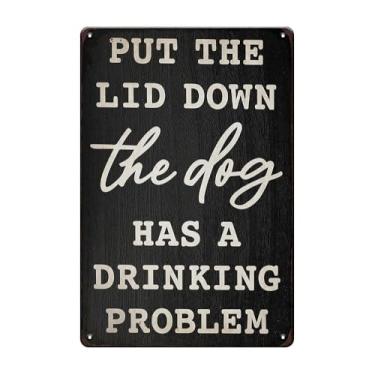 Imagem de YOYI ART Decoração de Placa de Banheiro Engraçada para Cachorro- Abaixe A Tampa, O Cachorro Tem Um Problema com Bebida, Placas de Lata de Metal Vintage para Banheiro, Lavabo e Aces (, Decoração Engraç