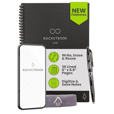 Imagem de Rocketbook Caderno espiral reutilizável New Core, tamanho executivo 15 x 21 cm, preto - páginas forradas, conectadas ao aplicativo, apagável, capa durável, ideal para escola, trabalho e projetos