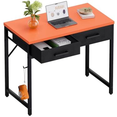 Imagem de Pamray Mesa de computador pequena de 81 cm com 2 gavetas para quarto, estudo, escrita, mesa de escritório em casa para pequenos espaços, laranja