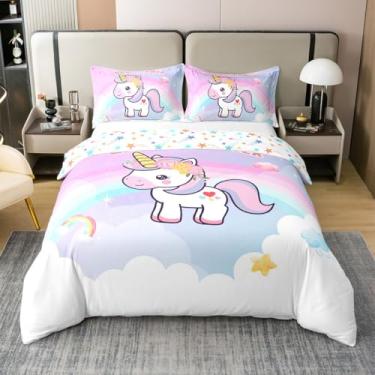 Imagem de Capa de edredom 100% algodão com desenho de unicórnio, tamanho solteiro, aquarela, arco-íris, glitter, estrelas, para crianças, meninas, adolescentes, nuvens, animais, flores, sonhador, capa de
