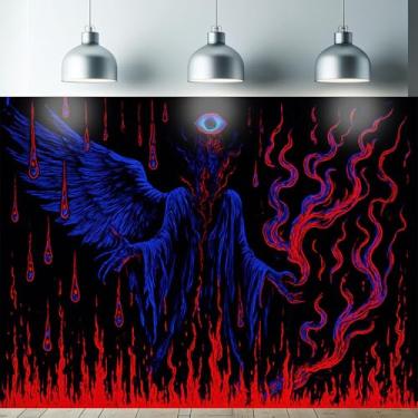 Imagem de Starlit Patio Tapeçaria Terceiro Olho Demônio Luz Negra UV Reativo Terror Gótico Suspensão de Parede Espírito Alado Brilhante Chamas de Fogo Decoração para Quarto Sala de Estar Halloween Pôster