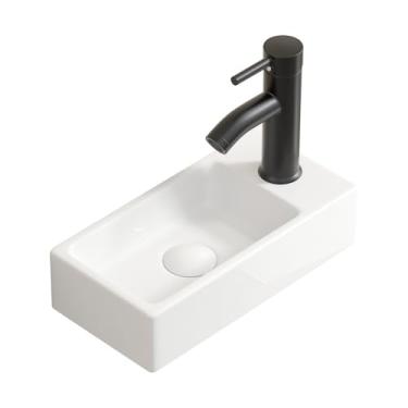 Imagem de Flyshop Pia retangular de porcelana branca para casa de banho, 14,2 polegadas de comprimento x 7,1 polegadas de largura x 3,5 polegadas de altura), lava-louça sobre bancada com orifício de chave único