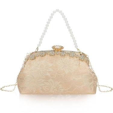 Imagem de Bolsa clutch feminina de renda formal para noite com strass para casamento, festa de formatura, bolsa de ombro transversal, Dourado, One Size