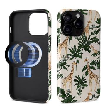 Imagem de Capa para iPhone 14 Pro Max [compatível com MagSafe], silicone macio brilhante + capa protetora 2 em 1 de policarbonato rígido antiarranhões à prova de choque para mulheres e homens - folhas de girafa