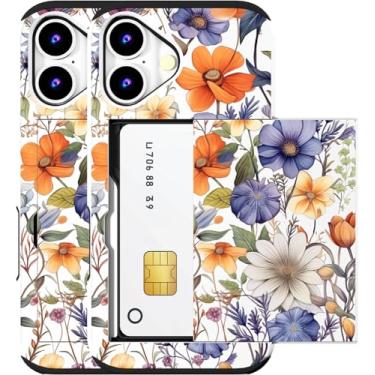 Imagem de MUQR Capa compatível com iPhone 16 com suporte de cartão fofo - Design Kawaii, proteção contra quedas de nível militar, capa carteira robusta para mulheres (arte floral branca outono)