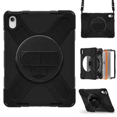 Imagem de Capa para iPad 10ª geração 10,9 polegadas versão 2022, capa protetora portátil resistente à prova de quedas com suporte giratório 360, alça e alça de ombro, caneta Stylus (nova preta)