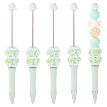 Imagem de Spritewelry 5 canetas com contas de flor de pérola, 5 peças de canetas de contas brilhantes de flores rosas extravagantes, faça você mesmo, caneta esferográfica de tinta preta de plástico para
