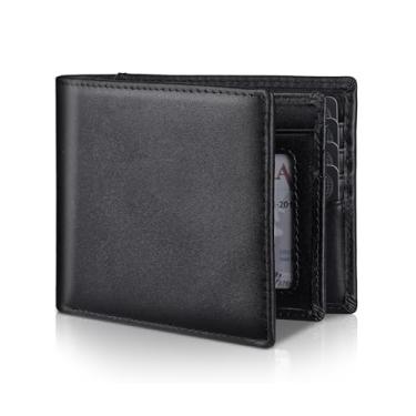 Imagem de Carteira masculina de couro genuíno com bloqueio de RFID com 14 compartimentos para cartão, janela para identidade e 2 bolsos para dinheiro – Inclui caixa de presente, Preto, Clássico