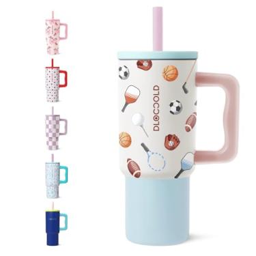 Imagem de DLOCCOLD Copo infantil de 680 g com alça e tampa de canudo de silicone, copo isolado à prova de vazamento com tampa resistente a derramamentos, caneca reutilizável de aço inoxidável para meninos e