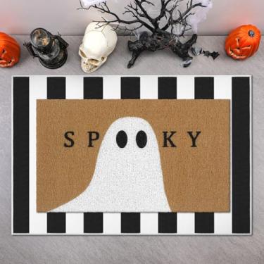 Imagem de Tinideya 2 peças capacho de Halloween fantasma assustador tapetes de boas-vindas ao ar livre para porta da frente antiderrapante tapete de coco preto branco listrado tapete de Halloween para decoração
