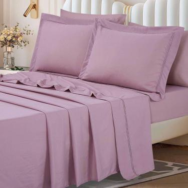 Imagem de Jogo De Lençol Rebeca King 4 Peças Micropercal 300 Fios Ponto Palito Minimal - Malva