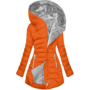 Imagem de Jaqueta De Inverno Para Mulheres Forrada De Lã Com Capuz Leve Acolchoado Parka Casaco Sherpa Espessado à Prova De Vento Com Capuz Casaco Acolchoado Quente Sobretudo De Lã, Orange B, 5XL