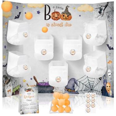 Imagem de Ctosree Jogo de fraldas para chá de bebê, 31 jogo de fraldas para chá de bebê, 7 fraldas, 10 bolas de plástico, 1 bolsa de organza para jogos de noiva, meninos e meninas (Little Halloween Boo)