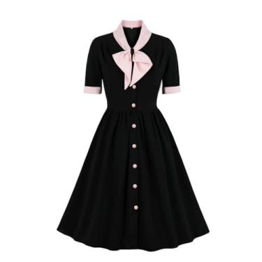 Imagem de Vestido vintage feminino da década de 1940 com laço e gola redonda, retrô, anos 40, 50, abotoado, negócios, trabalho, evasê, Preto, XGG