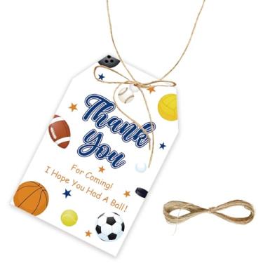 Imagem de 50 peças de etiquetas de agradecimento com bola, basquetebol/futebol/beisebol com cordão para crianças, etiquetas de papel de agradecimento de jogos esportivos para lembrancinhas de festa de