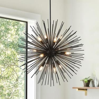 Imagem de Salaiwei Lustre Sputnik preto claro de 80 cm 12 luminárias modernas para foyer industrial, luminária de teto de globo de fogos de artifício ajustável para sala de estar, entrada, jantar, quarto