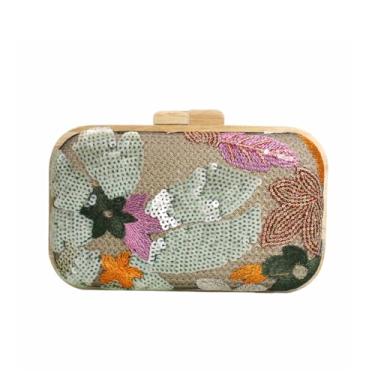 Imagem de WuDiaoer Bolsa feminina bordada com lantejoulas e flores para noite com glitter, bolsa clutch de tecido de palha com corrente para festa, Verde