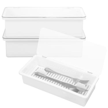 Imagem de FMOACEN Bandeja de talheres de 3 peças com tampa e escorredor, recipiente de armazenamento de talheres de plástico para gaveta de cozinha e bancada, suporte de talheres coberto para lava-louças para