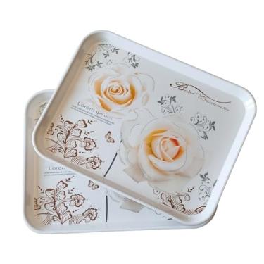 Imagem de Bandeja grande de melamina, pacote com 2 bandejas empilháveis de alimentos com estampa floral para presente, festa, decoração, casa, restaurante (rosa dourada, grande)