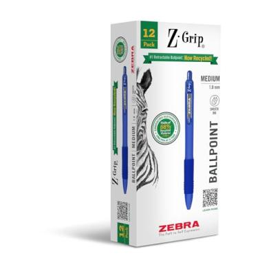 Imagem de Zebra Pen Canetas esferográficas retráteis recicladas Z-Grip, 1,0 mm, tinta azul, clipe de metal durável, 68% recicladas, pacote com 12 (20620')
