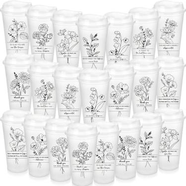 Imagem de LemonRoad 22 peças presentes de agradecimento de funcionários 473 ml copos de café reutilizáveis agradecimento com tampas copos de plástico inspiradores caneca de viagem floral a granel para colega de
